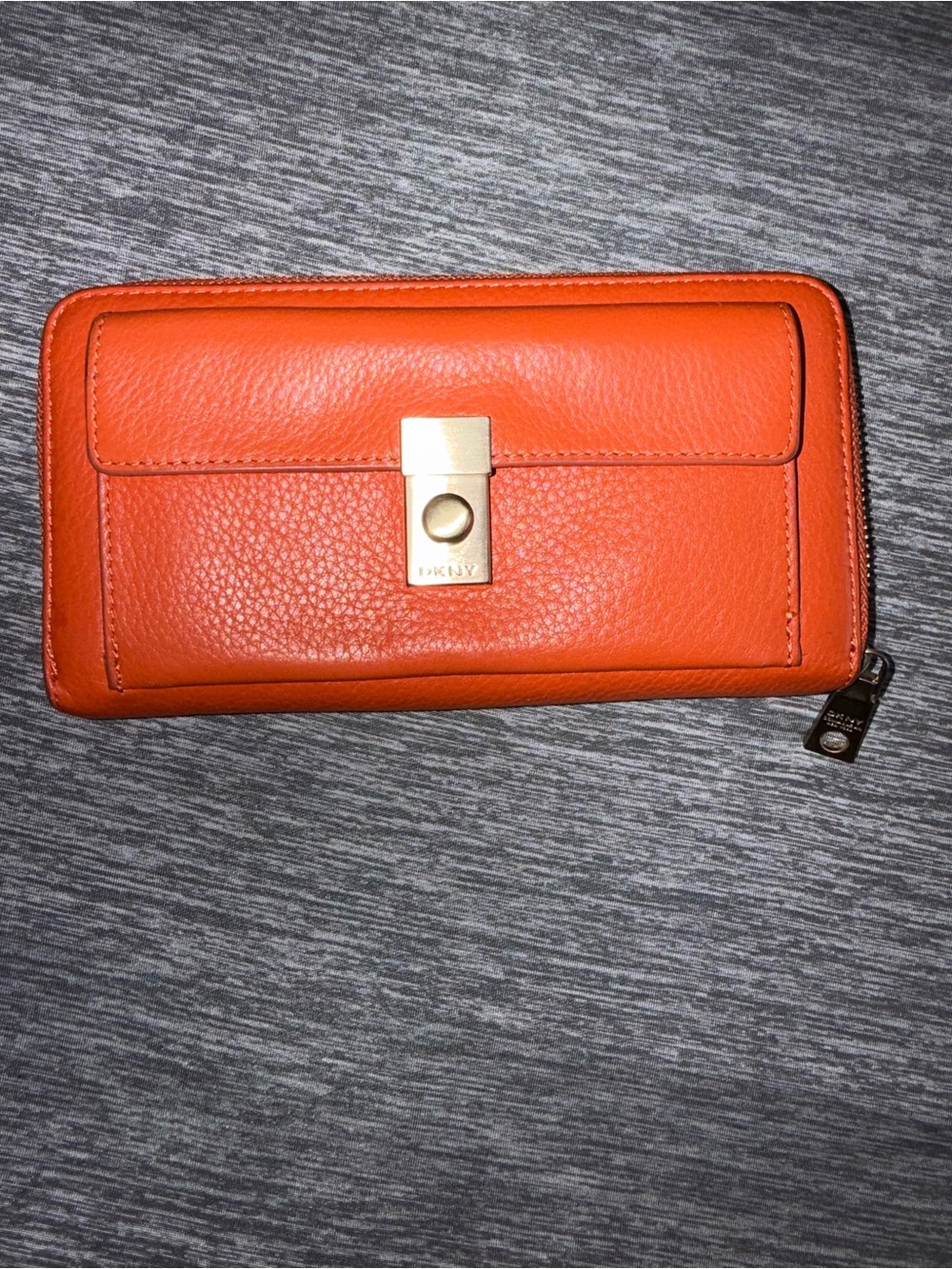 DKNY Bright Orange Leather Zip-Around Wallet with Gold Hardware